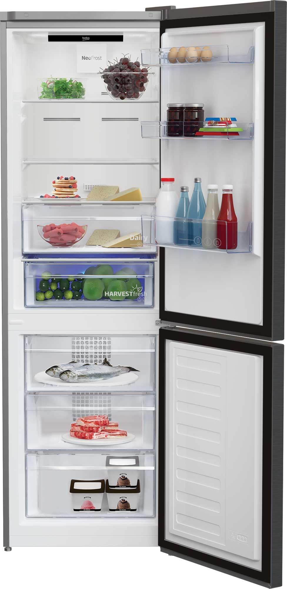 Beko RCNE366E70ZXBRN Réfrigérateur combiné - 323L, NoFrost, Smooth Fit, 3 tiroirs de congélation, Zone 0°C, HarvestFresh, Alarme de porte, Dark Inox, Classe B