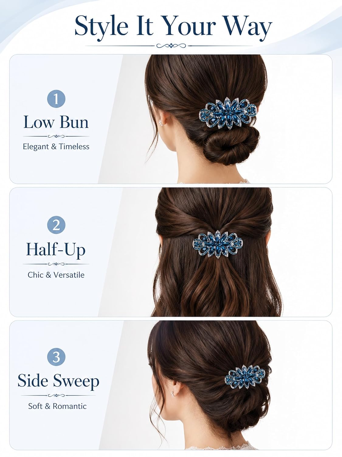 Flower Rhinestone Hairpin Luxury Jewelry Designed Hair Accessory French Barrette Hair Clip (Blue) image 3