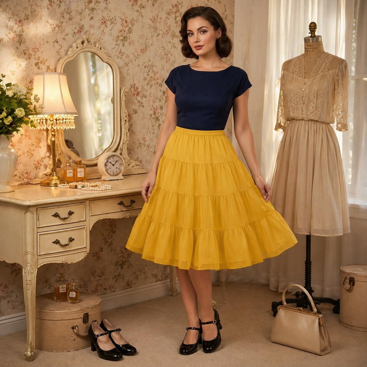 Women’s Tea-Length Petticoat Skirt, Vintage 50s Crinoline Underskirt, Layered Party & Dance Slip (Large/X-Large)