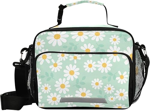 Aslsiy Bolsa de almuerzo para mujer, diseño de margaritas, flores, campo, menta, verde, aislante, con correa de hombro ajustable, para oficina,