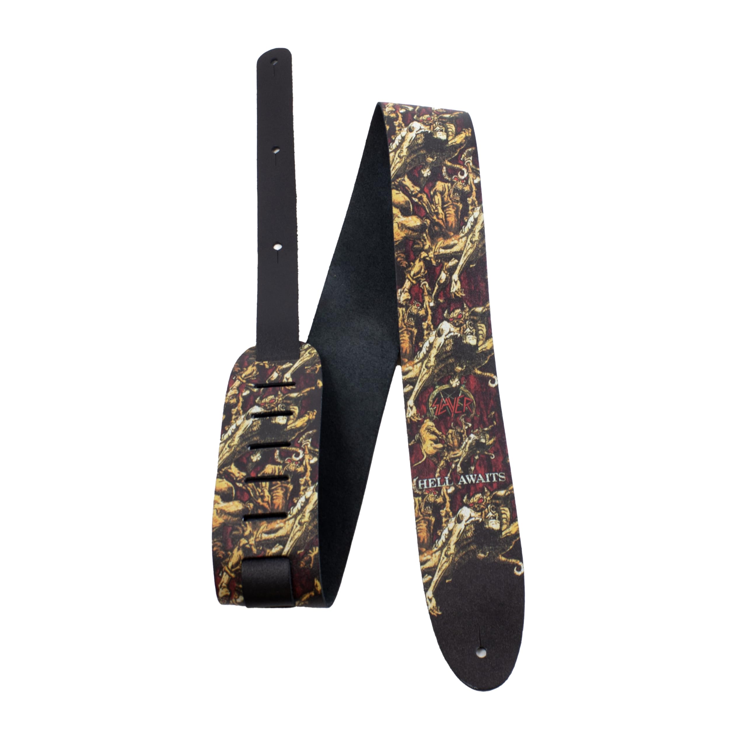 Perri’s Leathers Ltd. – Slayer – Hell Awaits – Direkt auf Leder Gitarrengurt – Verstellbare Länge – Für E-Gitarren, Akustikgitarren und Bassgitarren – Hergestellt in Kanada