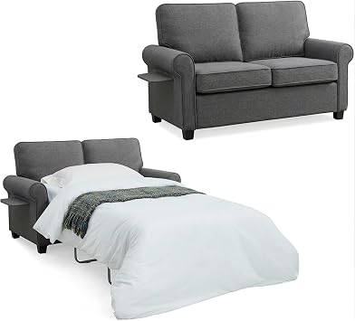 Pull Out Sofa Bed, Two Seat Loveseat Sleeper Sofa Bed, 2-in-1 Convertible Sleeper Couch with Memory Foam Mattress and Bed Frame, for Living Room, Office, Apartment (Grey)