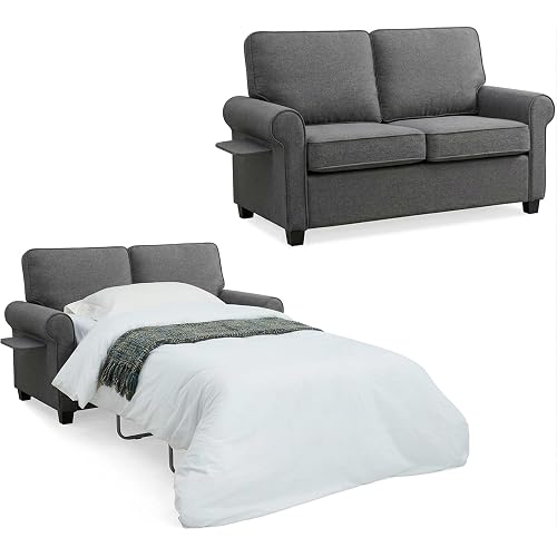 Pull Out Sofa Bed, Two Seat Loveseat Sleeper Sofa Bed, 2-in-1 Convertible Sleeper Couch with Memory Foam Mattress and Bed Frame, for Living Room, Office, Apartment (Grey)