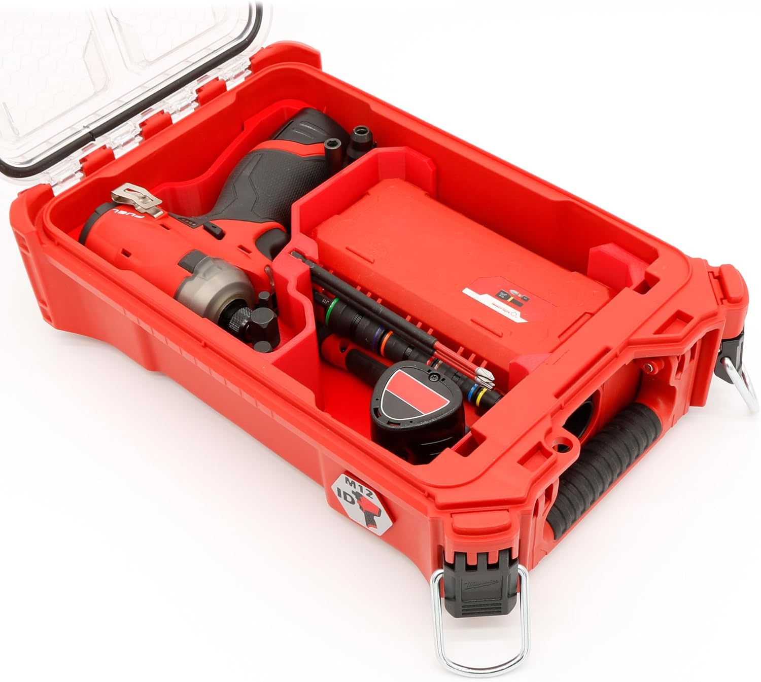 Compact Tool Organizer made for Milwaukee Packout compatible with M12 3404-20 Hammer Drill or 3453-20 Impact Driver or 2551-20 Surge Hydraulic Driver, Accessories and Batteries for Enhanced Protection