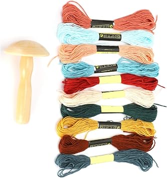 Oumefar Darning Thread for Socks & Sweaters, Wooden Darning Mushroom Kit with 10 Colored Threads Portable Sewing Repair Tool for Embroidery, Hand Sewing DIY, Home Handicraft