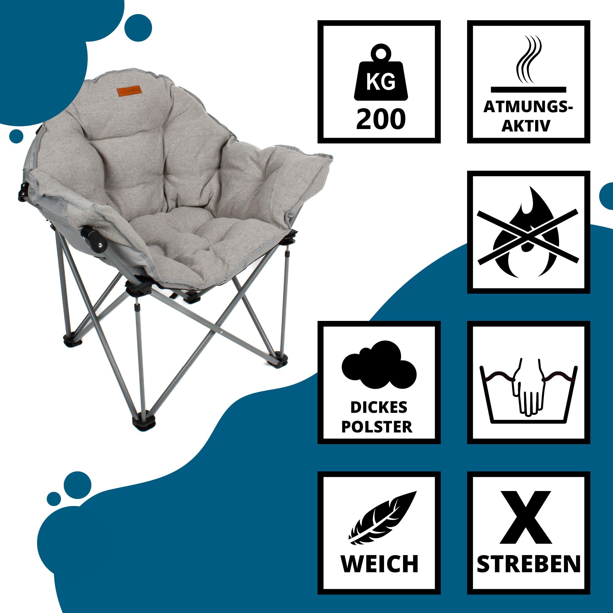 Eclipse Glampingstuhl Outdoor Campingstuhl Moonchair Super 200 KG | Soft Relax Stuhl klappbar Strandstuhl Balkonstuhl oder Gartenstuhl mit Tragetasche Modell: Atlas, Stofffarbe Stuhl:Grau