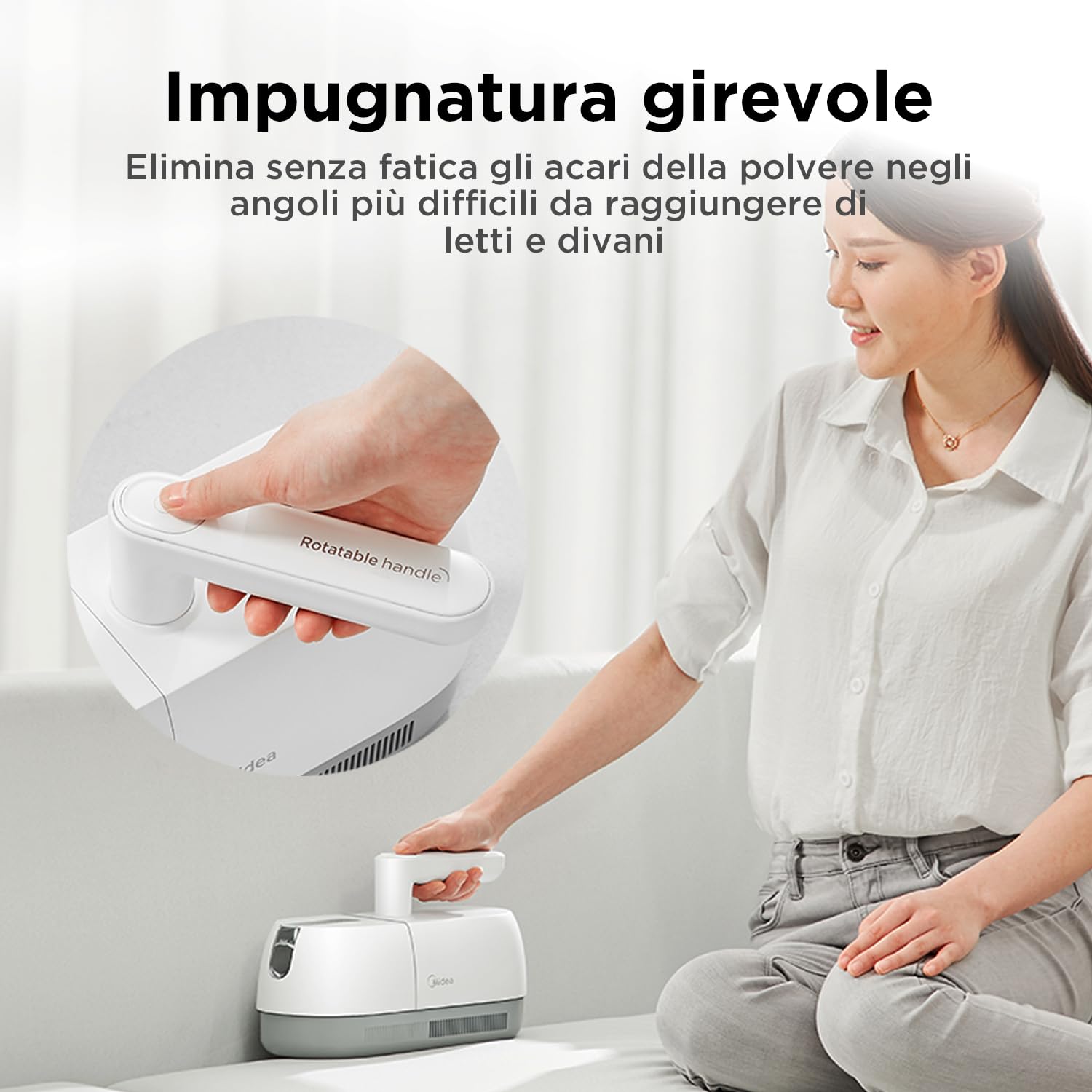 Midea MMC1921WG Aspirapolvere antiacaro senza fili, potenza di aspirazione 7500Pa, Rimozione acari UV, Maniglia girevole,Portable rechargeable case,Elimina facilmente i maits