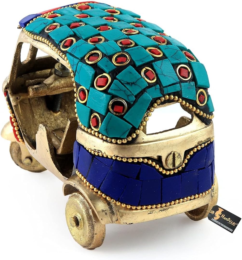 Gemstone Work Vintage Style Brass Auto Rickshaw Miniature, Brass Decor Showpiece (4.5 x 2.4 x 3 Inches, Multicolored)