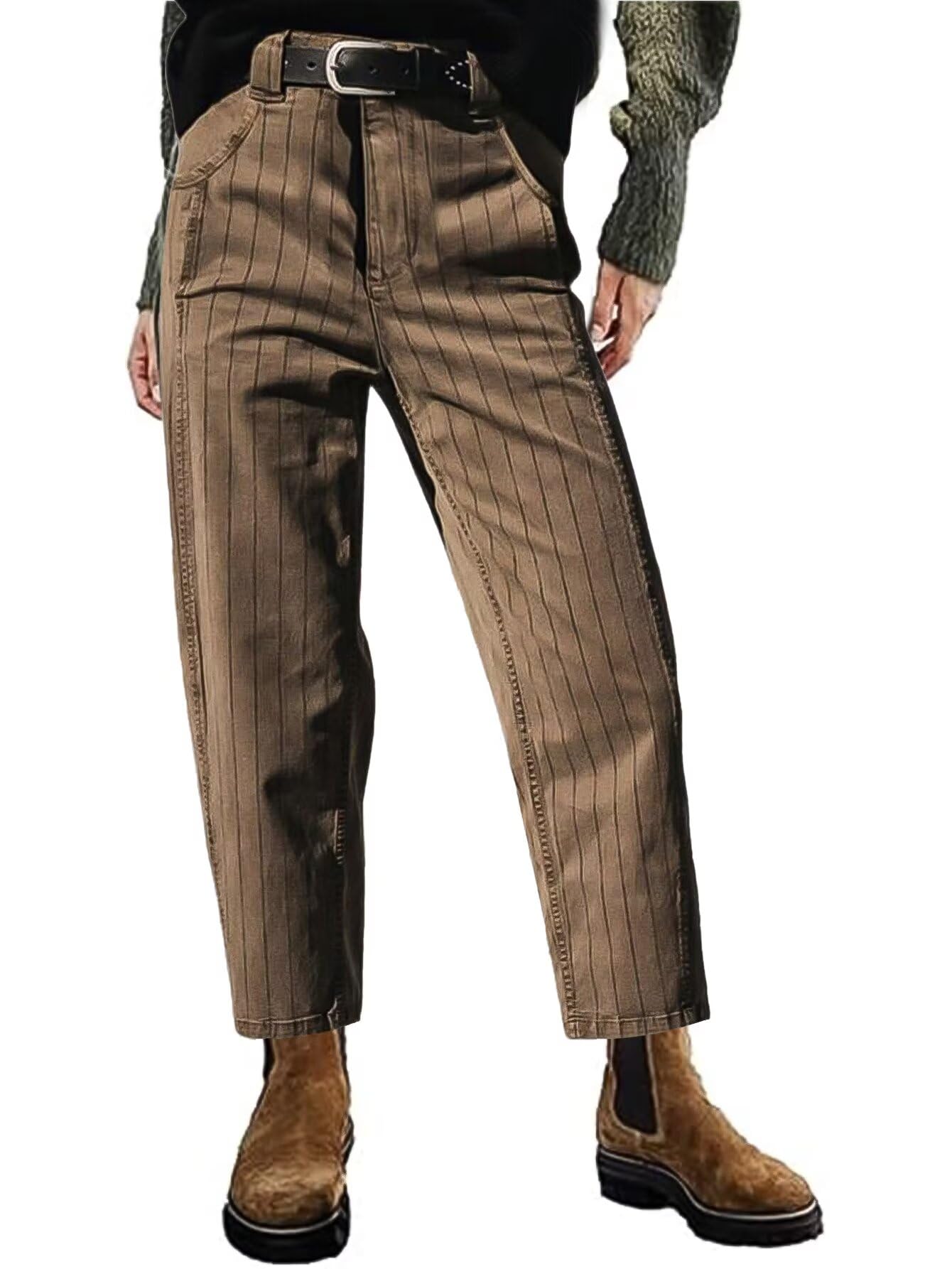 Flamingals Straight Leg Mid Waist Vintage Cropped Stripe Barrel Stretchy Jeans Without Belt