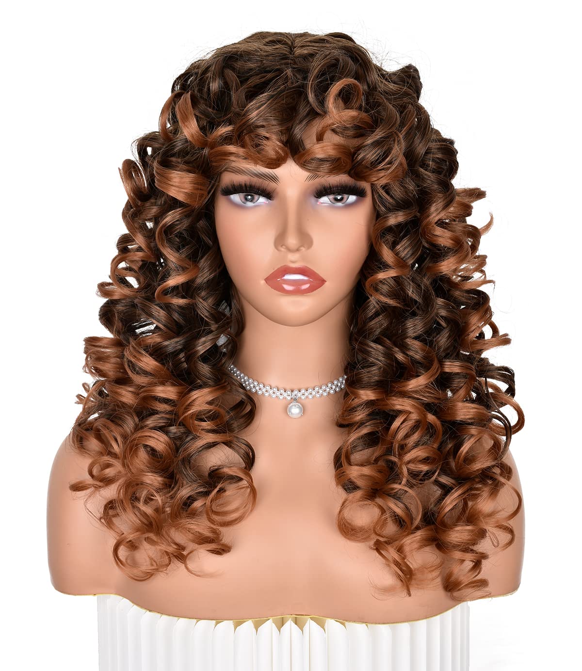 ANNISOUL Ombre Brown Curly Wigs for Black Women Long Curly Afro Wig with Bangs for Women Big Bouncy Fluffy Synthetic Fiber Glueless Hair for Cosplay and Daily