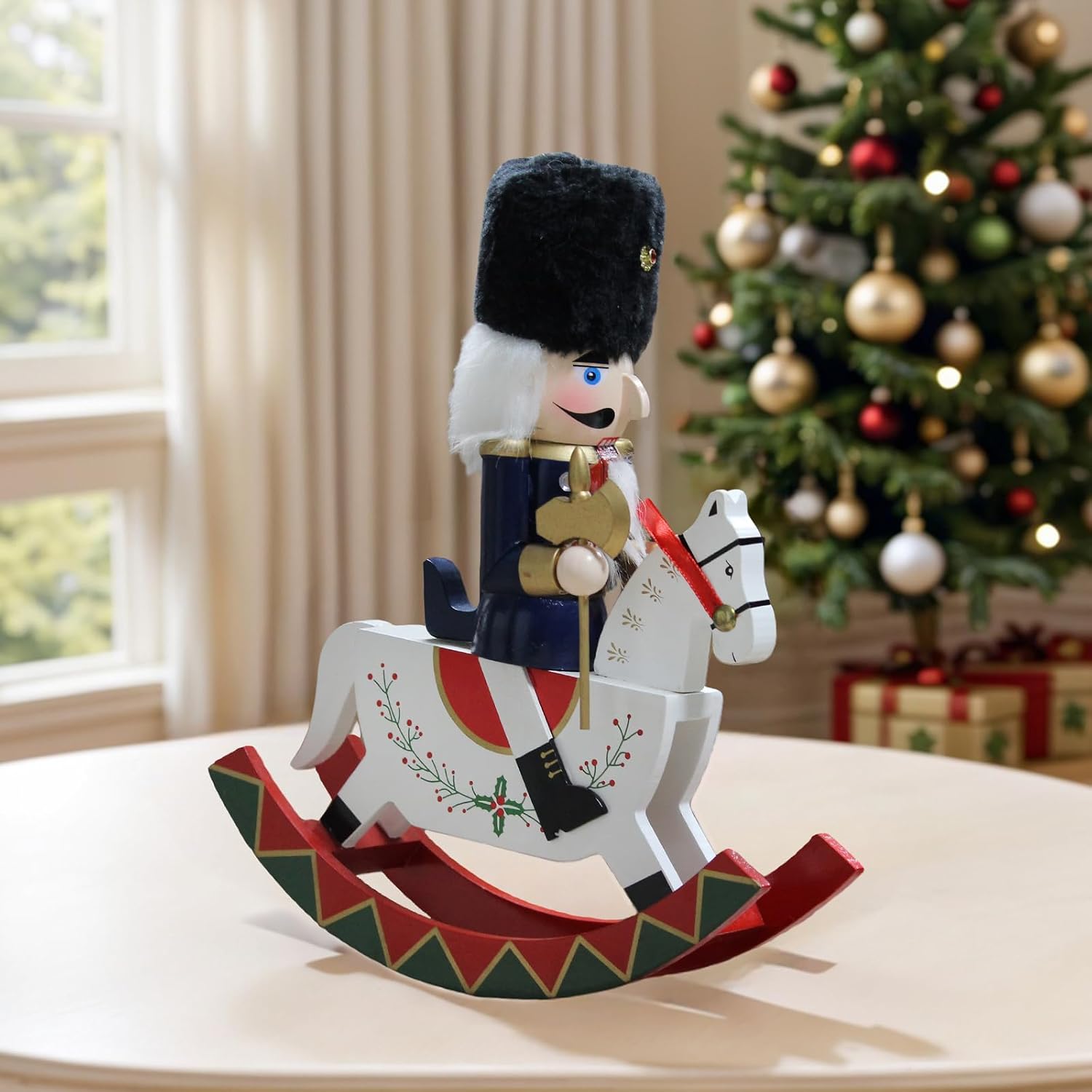 Sheaifun Nutcrackers Christmas Decorations Indoor Tabletop Christmas Decor Wooden Nutcrackers Rocking Horse Soldier Office Party Decorations for Room 8.5x2.9x10 in
