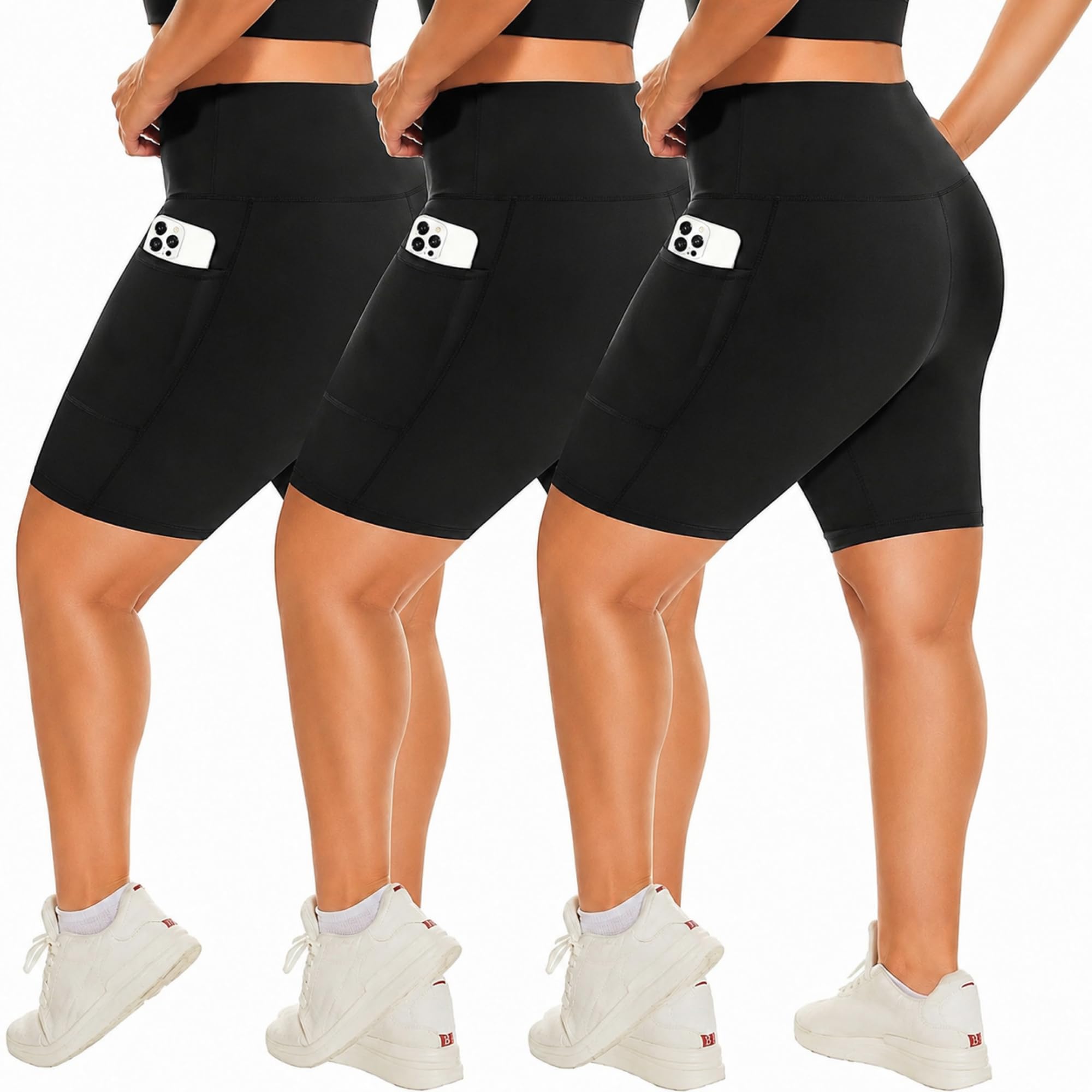 3 Pack Plus Size Biker Shorts with Pockets for Women - 8" High Waisted Spandex Athletic Bike Shorts for Yoga Workout-image-47