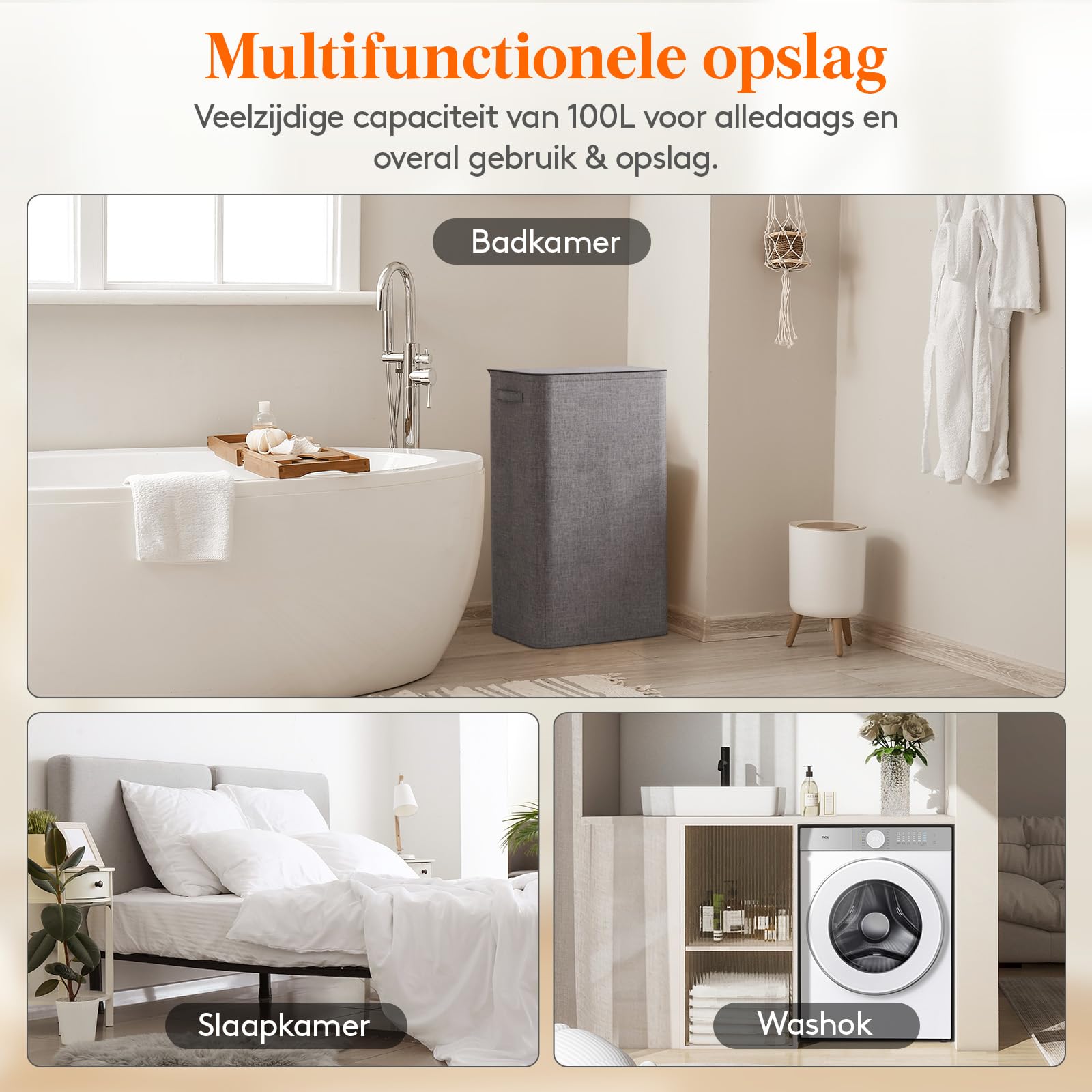 Lifewit 100 liter wasmand met deksel, grote wasmand met dekselhandgrepen en 2 afneembare zakken, hoge opvouwbare vuile kledingmand voor wasruimte, badkamer, slaapzaal, slaapkamer, Grijs