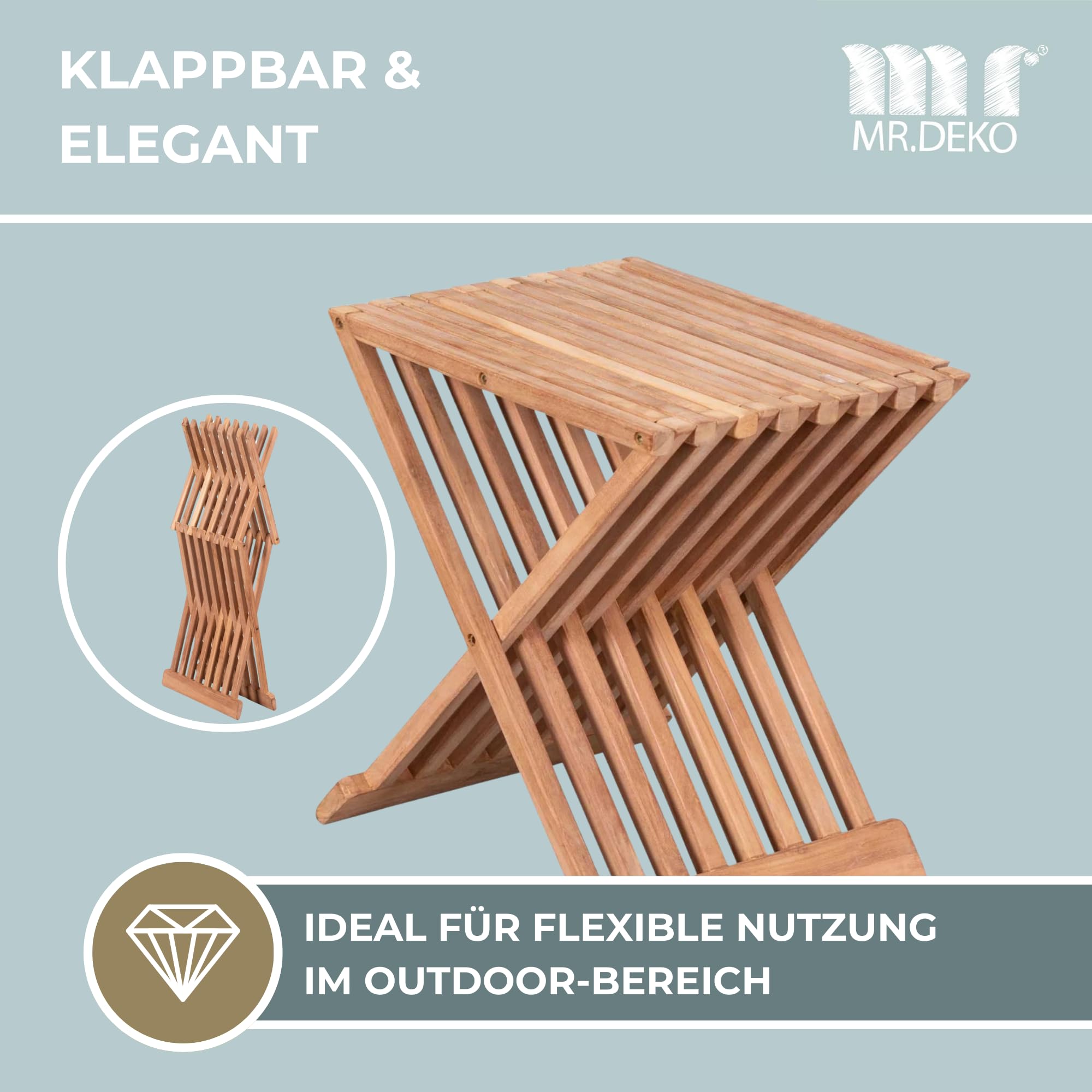 MR. DEKO Beistelltisch Outdoor Fishbone Balkon Tisch klappbar klein | 40x32cm Teakholz wetterfest