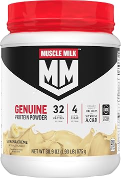 Muscle Milk Genuine Protein Powder, Banana Cr me, 1.93 Pounds, 12 Servings, 32g Protein, 4g Sugar, Calcium, Vitamins A, C & D, NSF Certified for Sport, Energizing Snack, May Packaging Vary
