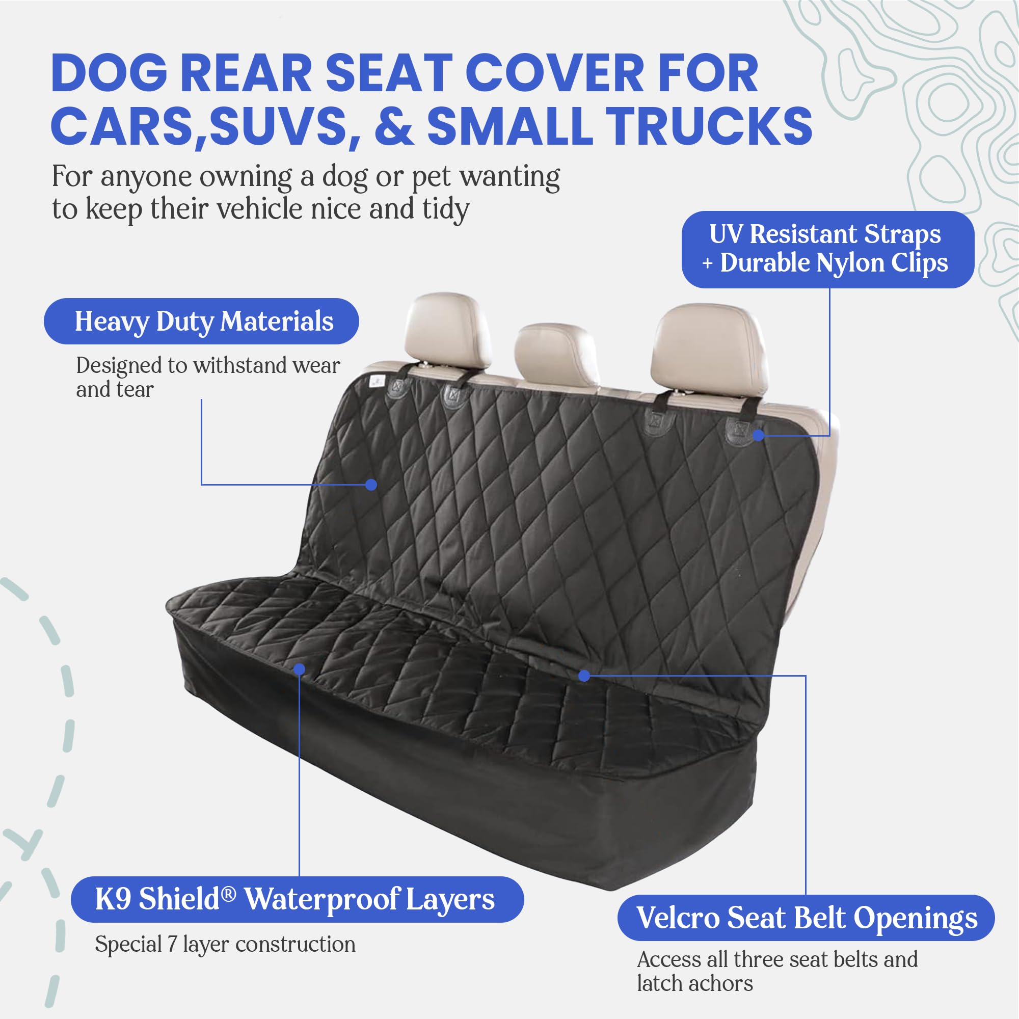 4Knines Back Seat Pet Cover for Dogs w/o Hammock – 54" Wide, Waterproof Car Seat Cover, Non-Slip, Heavy-Duty – Fits Cars, SUVs, Small Trucks – 2 Seat Belt & Latch Access – Back Seat Protector (Black) - image 3
