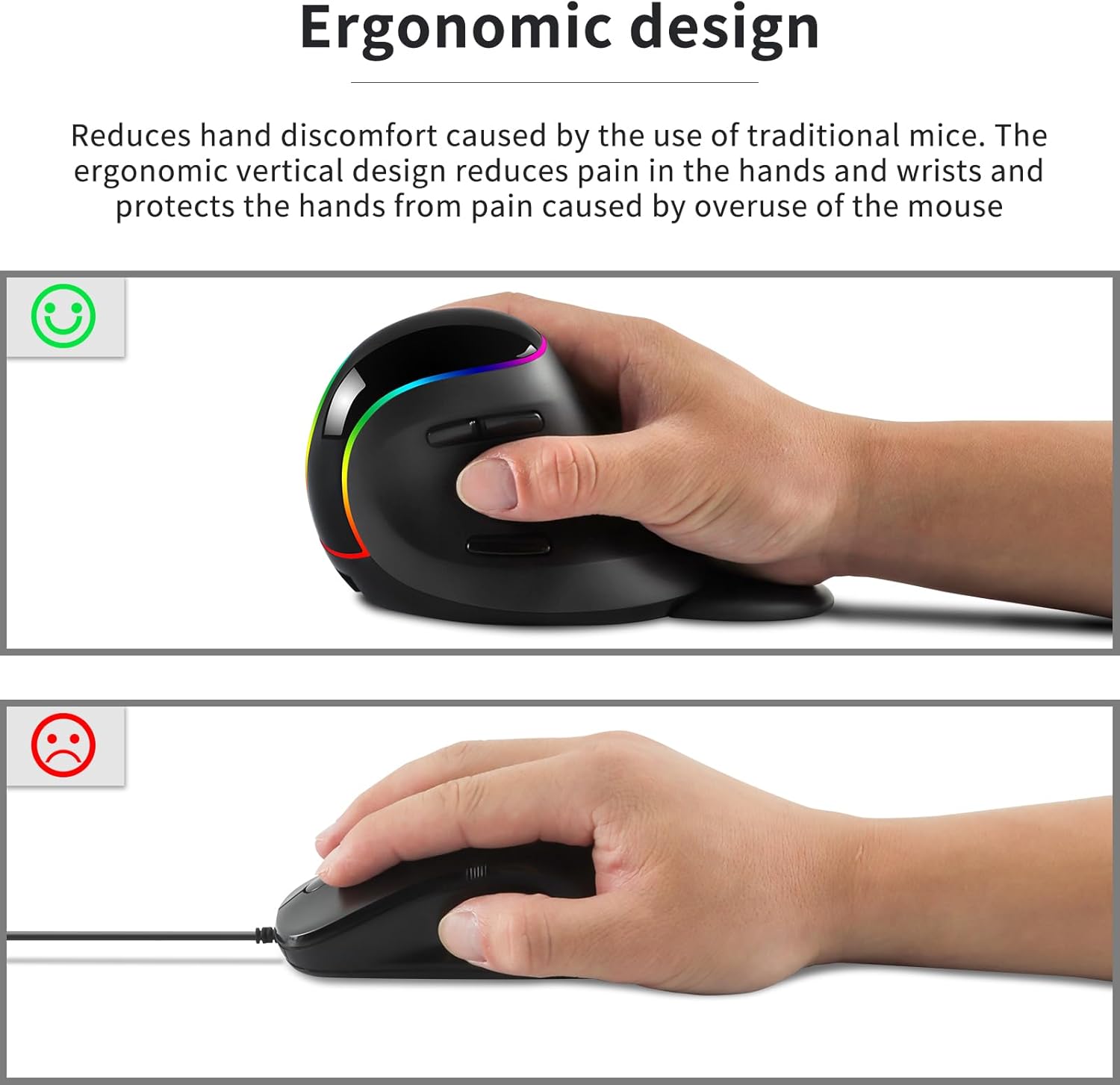 RGB Ergonomic Vertical Mouse 2.4G Wireless & Bluetooth Wired Tri-Mode Design Rechargeable Optical Mouse with Removable Wrist Rest 6 Buttons Compatible with PC, Laptop, Desktop, MacBook, Tablets