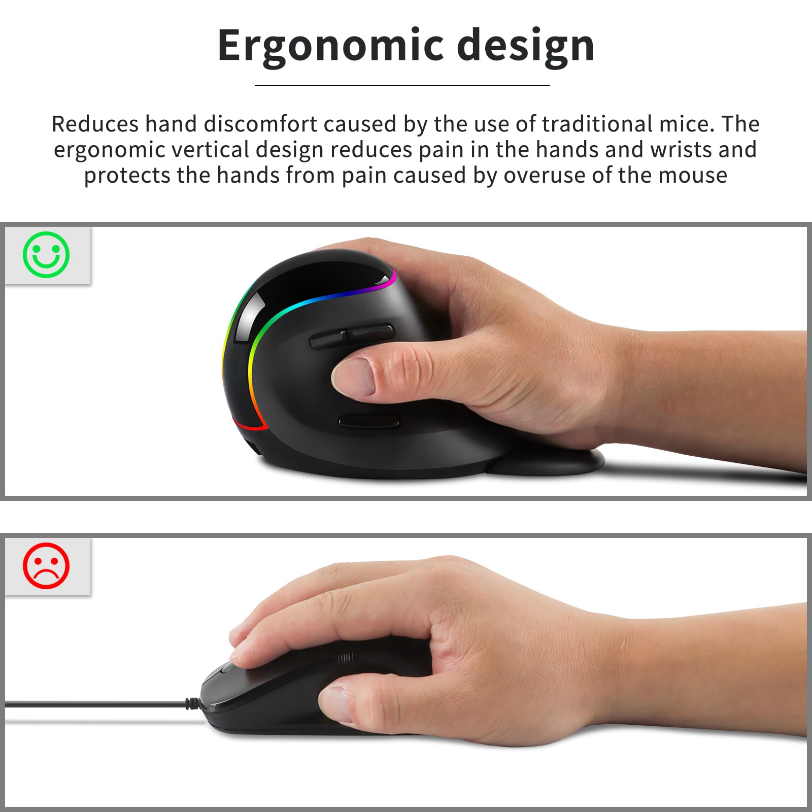 Mouse wireless 2.4G Mouse ergonomico Mouse ottico ricaricabile Mouse verticale RGB con 6 pulsanti Poggiapolsi rimovibile Mouse per computer cordless per PC Laptop Desktop