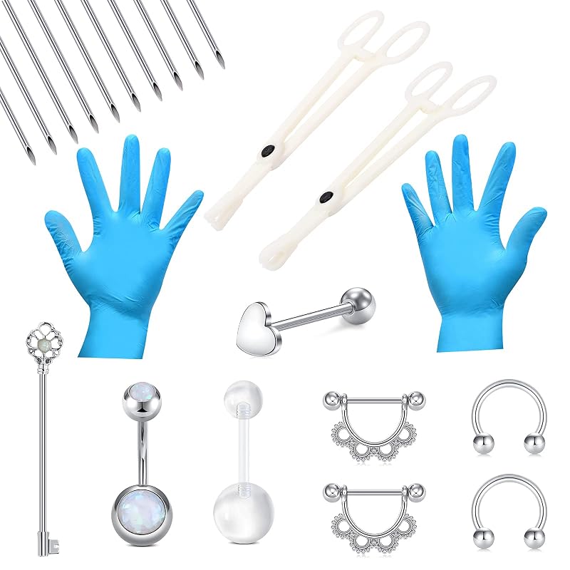 Kit para piercing DJCIW 14G com pinças descartáveis, agulhas e acessórios em aço inoxidável 316L, 22 peças