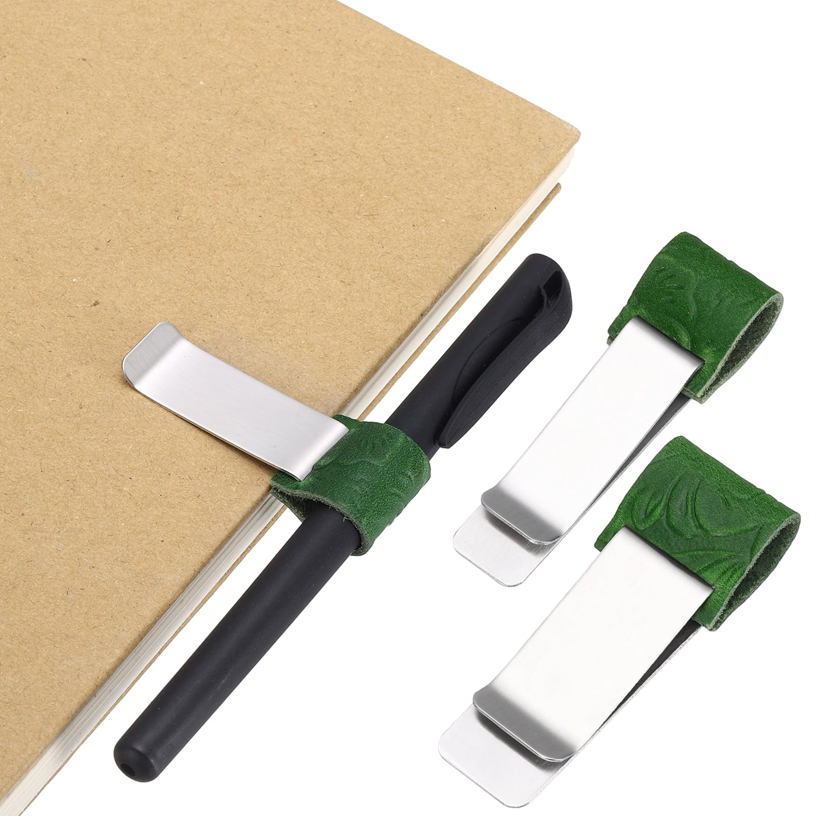 PATIKIL 2Pcs Pen Loop for Notebook, Brass Carved Retro Leather Pencil Holder Pen Clip for Notebook Clipboards Pocket Office Traveler Journals Planner, Green/Silver