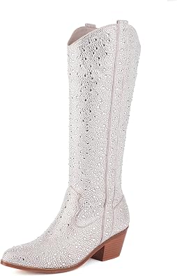 Womens Rhinestone Boots Wide Calf Cowgirl Boots Western Mid Calf Pointed Toe Boots Lightweight Fashion Trendy Chunky Stacked Heel Sparkly Side Zipper Boots