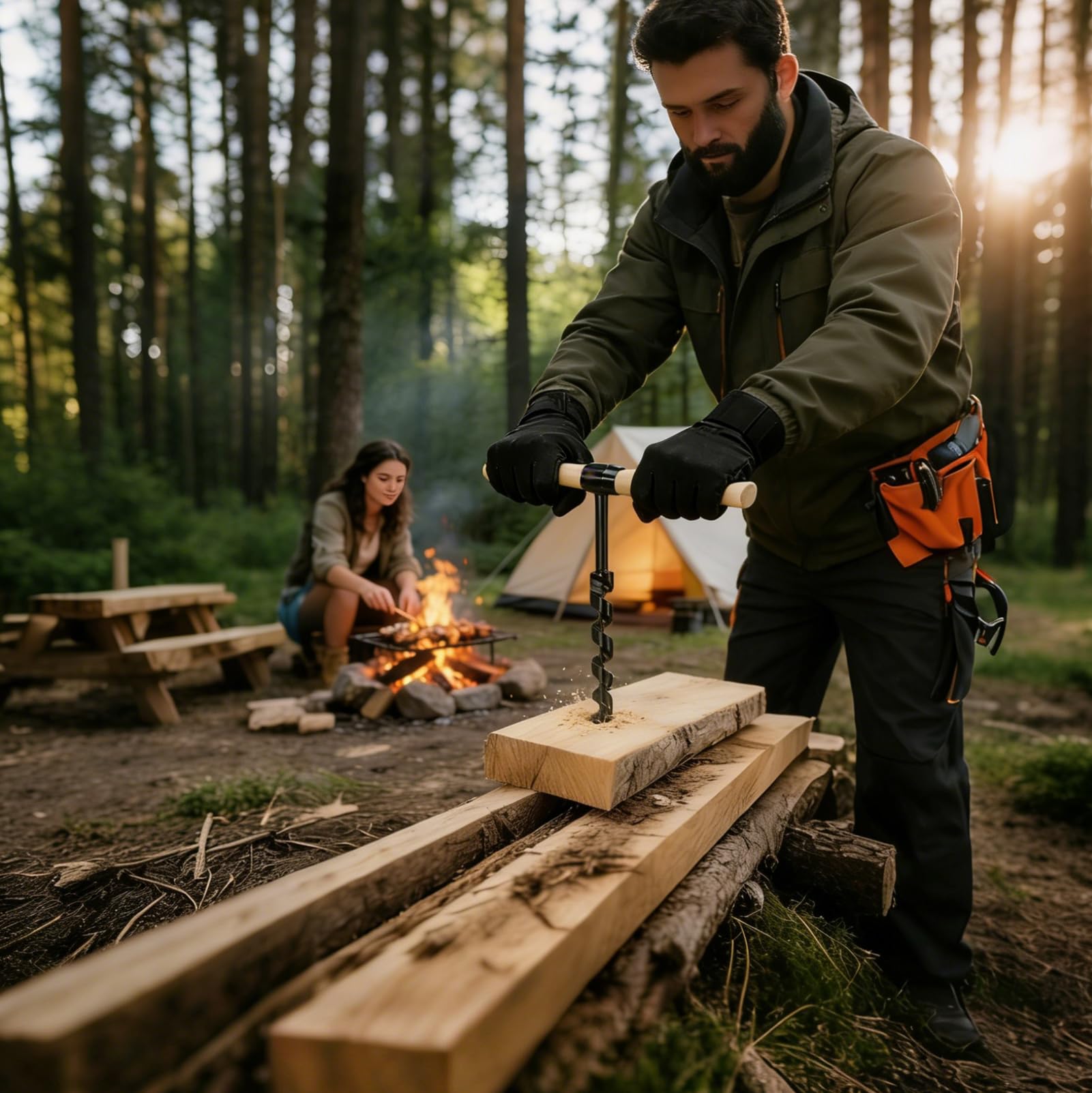 Bushcraft - Punta per trapano manuale per legno | Con chiave manuale per sopravvivenza all'aperto, lavori di bushcraft, campeggio all'aperto, lavorazione del legno, 4 pezzi