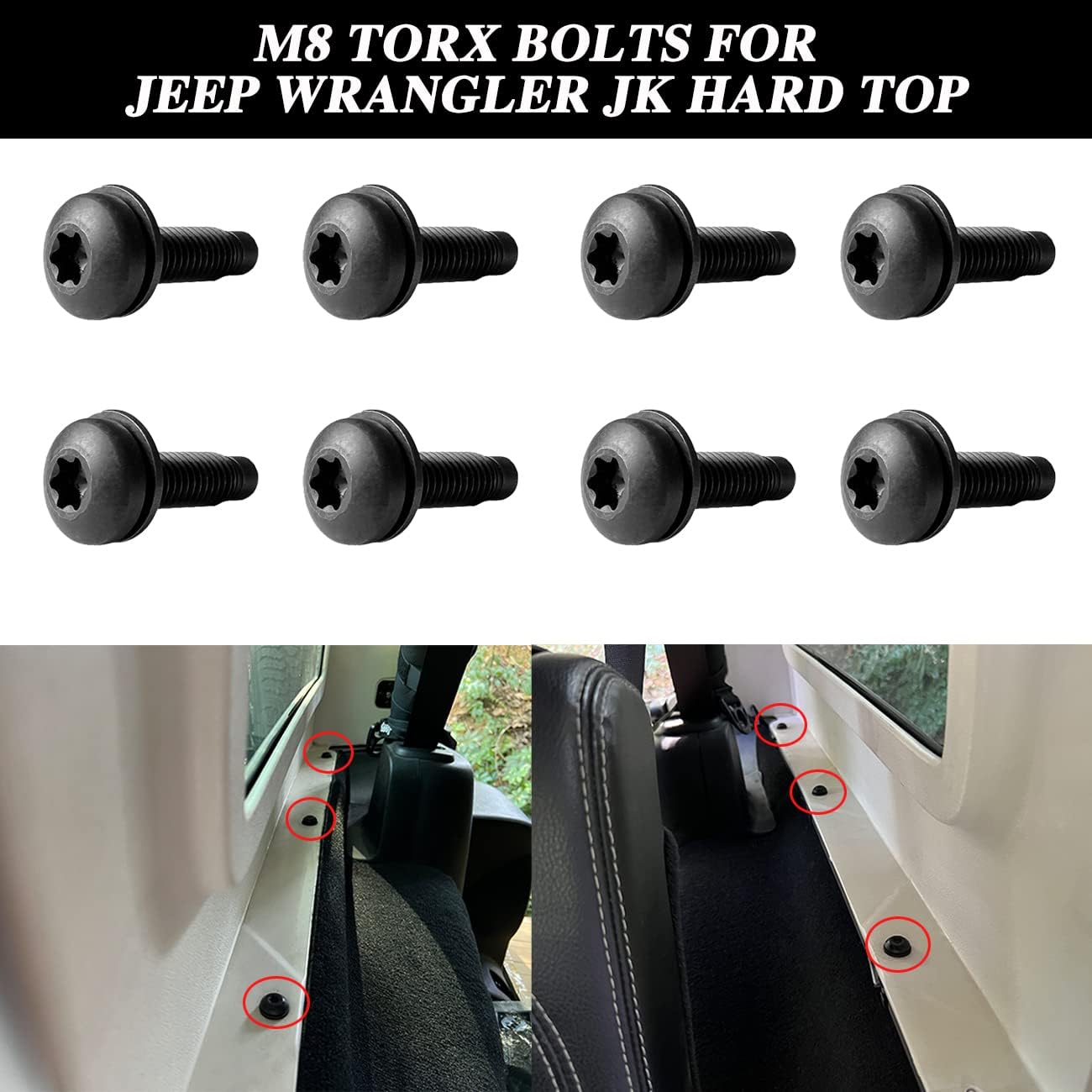 Schraubenbolzen für Jeep Wrangler JK 2007-2018, extra lange M8-Schrauben für Jeep-Windschutzscheibenrahmen, Hardtop, Überrollbügel, Scheinwerfer, Türscharnierschrauben, 8er-Pack