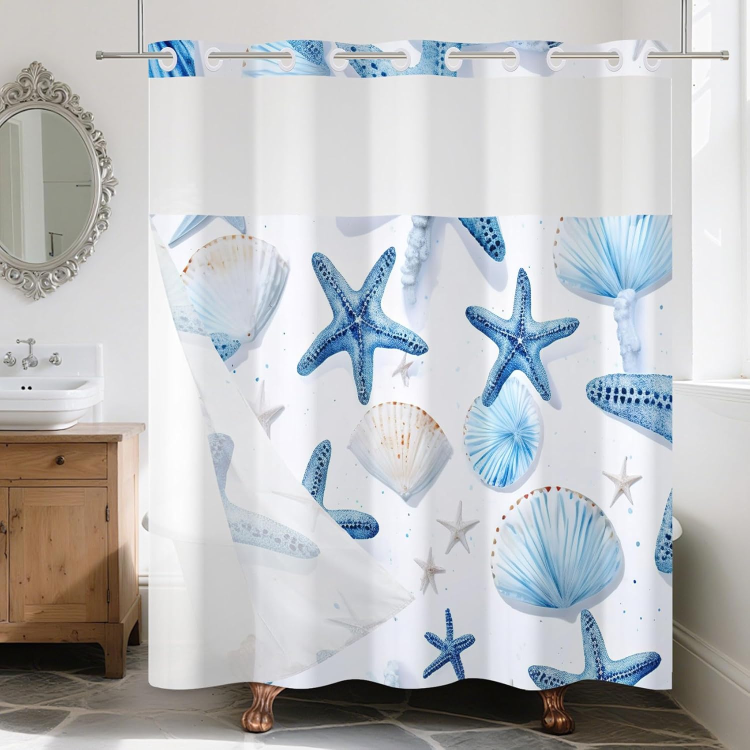 No Hook Blue Geometric Shower Curtain with Snap in Fabric Liner Set, Luxury Modern Triangle Bath Curtain, See Through Mesh Top Window, 71x74 Inch