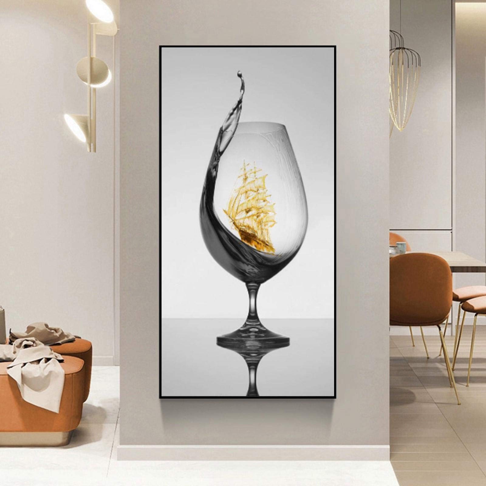 Cuadro de pared de arte de lienzo abstracto de vidrio moderno con velero para galería, comedor, decoración del hogar, carteles impresos, listo para colgar 45x90cm marco interior
