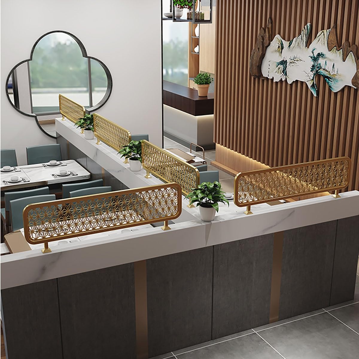 Ironwork Hollow Out Restaurant Decorative Partitions, Low Fence Dining Area Partition, Countertop Divider Panel, for Offices Braries Classrooms Library Restaurant(Gold-E)