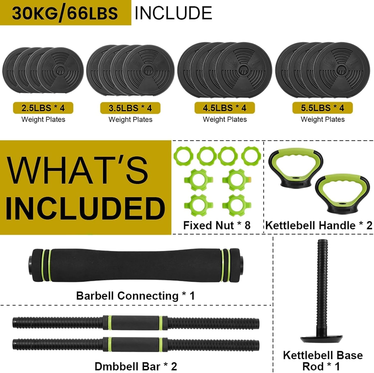 4-In-1 Adjustable Dumbbell Set, 44LB/ 66LB/88LB Free Weight Set with Connector, Converts to Barbell, Kettlebell & Push-Up Stand, Home Gym Equipment for Men & Women Strength Training