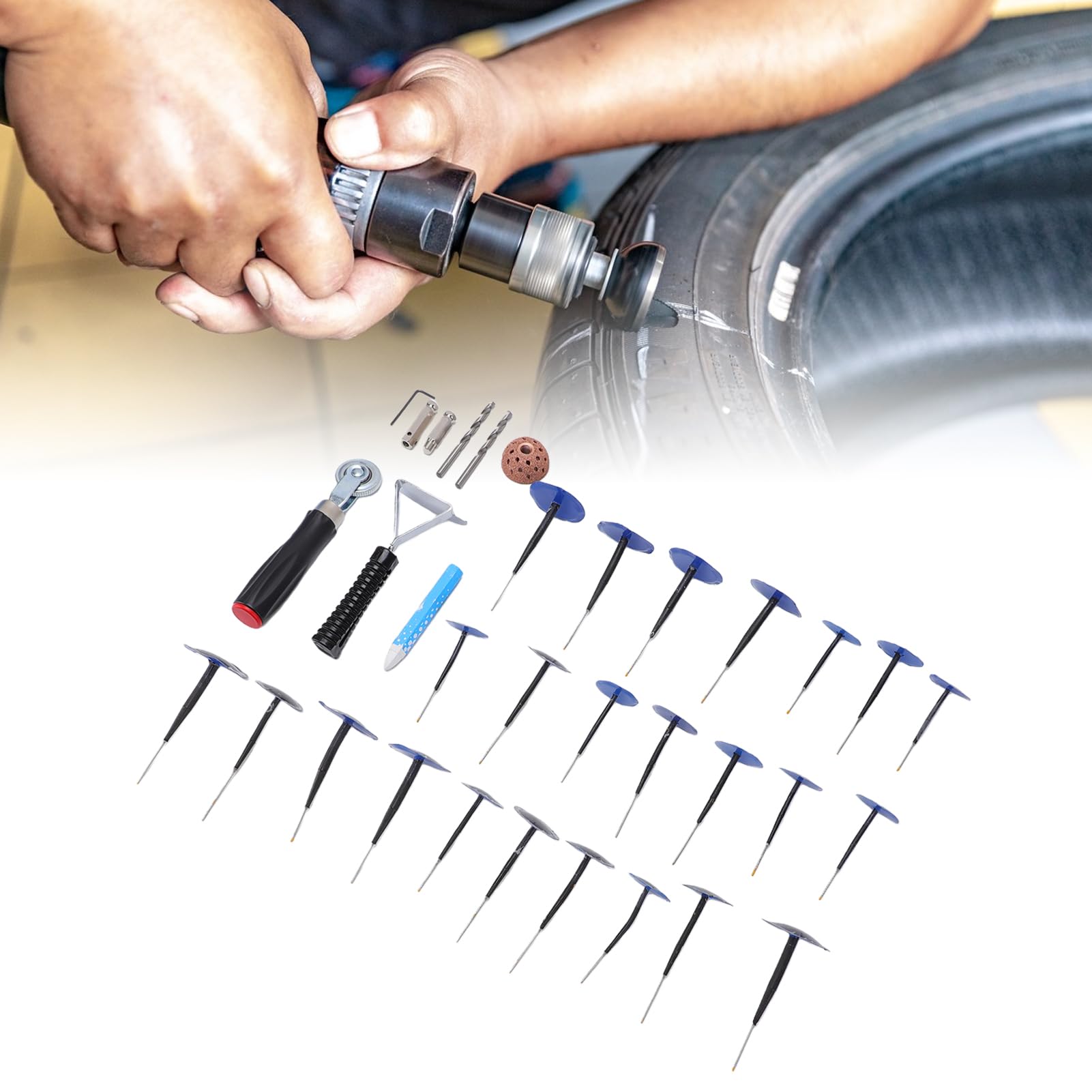 Kit di Riparazione Pneumatici 48 Pezzi, Set di Toppe e Tappi in Gomma con Rullino Raschiatore e Ruota Abrasiva per Auto