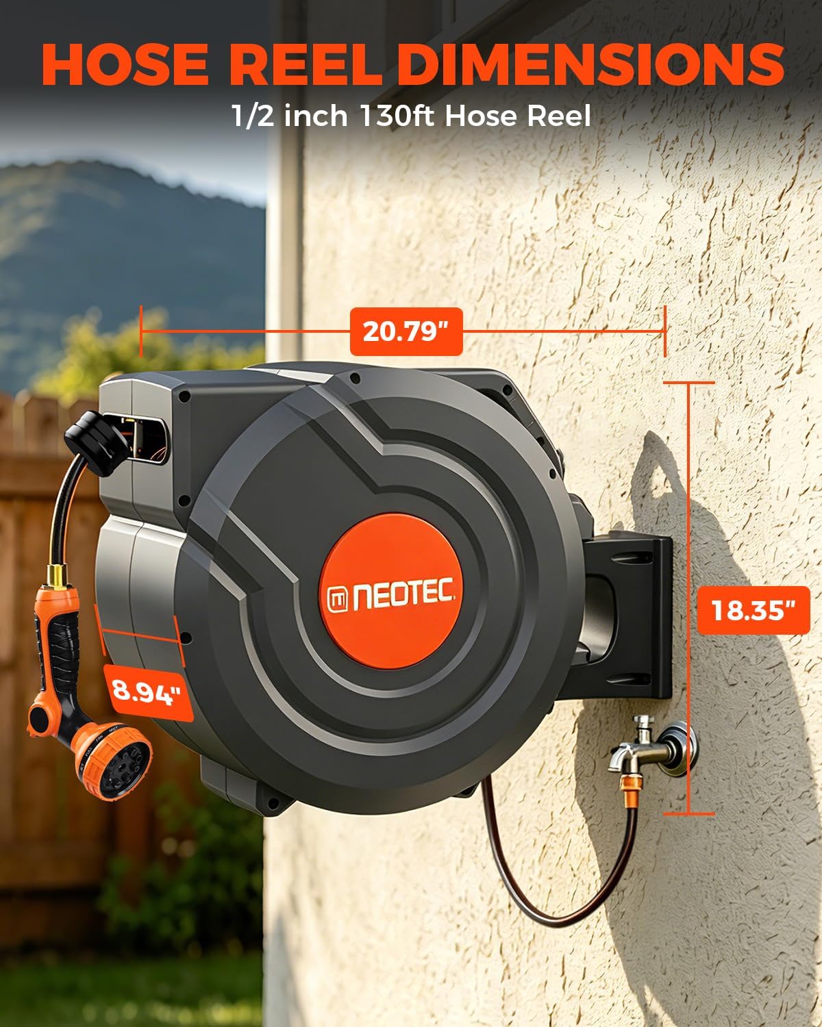 130 ft x 1/2 inch Retractable Garden Hose Reel PRO Metal Bracket Any Length Lock 9 Pattern Nozzle Wall-Mounted Automatic Slow Return 180° Swivel UV Resistant Heavy Duty Hose Reels for Outside