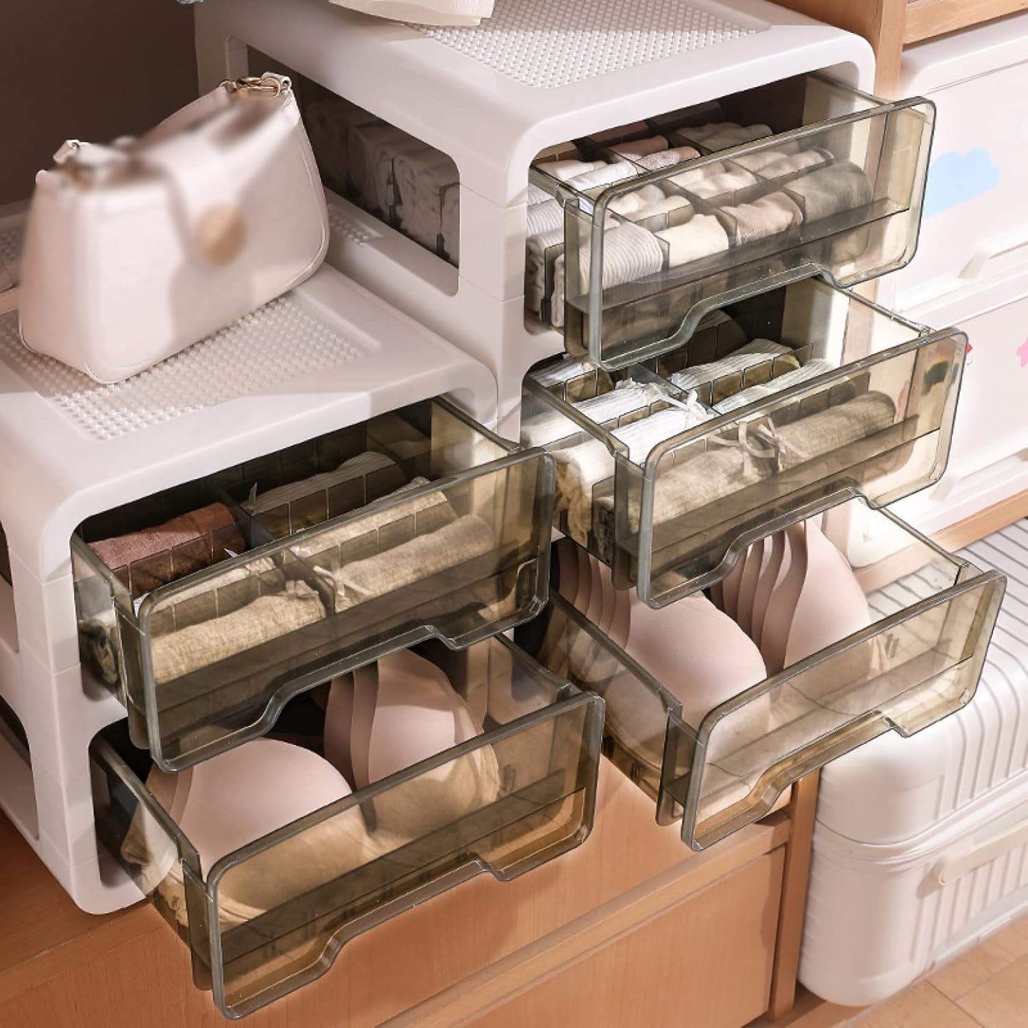 下着収納ケース 収納ボックス 2層 引き出し 寮 スリーインワン ワードローブ 大容量 防塵 家庭 収納ケース 収納箱 卓上収納 小