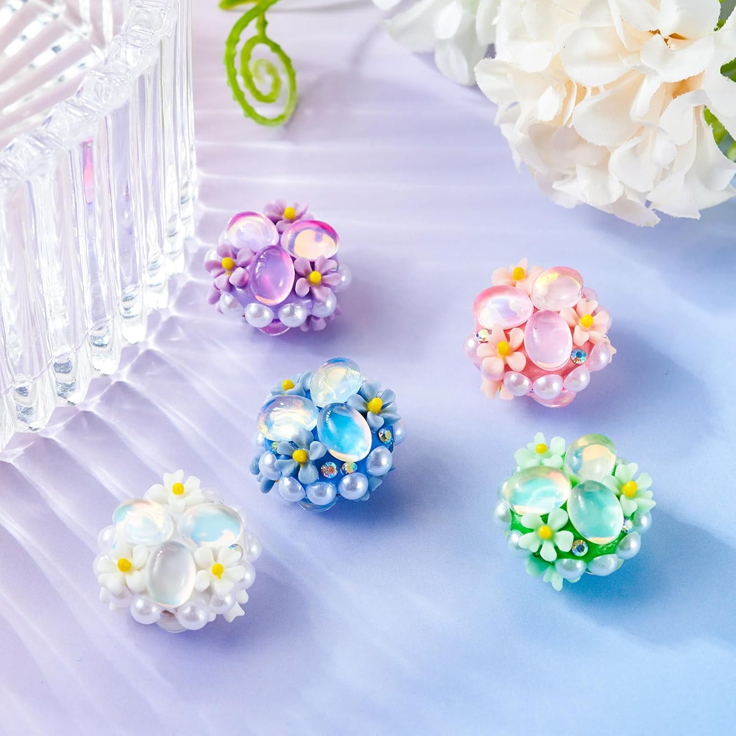 FASHEWELRY 5Pcs Rhinestone Flower Focal Beads Spring 5 Colors Fancy Bling Glitter Spacer Pen Beads Chunky Diamond Focals Bead for DIY Beaded Pens Keychain Jewelry Making Spacer Supplies - Image 2