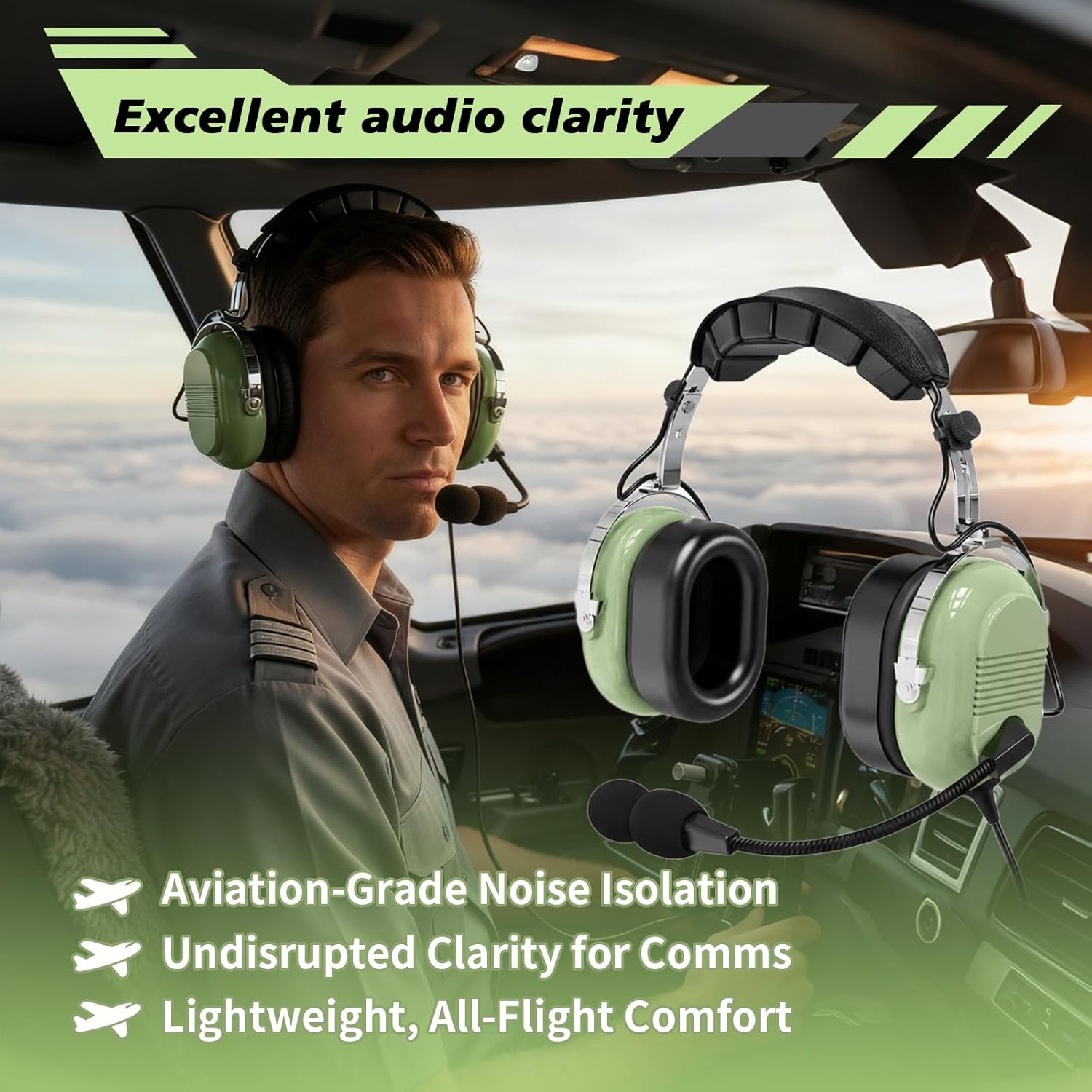 WODASEN General Aviation Headset GA Dual Plug Pilot Headsets with Boom Mic Aircraft Airplane Noise Cancelling Ear Protection Headphones Flight Student Earmuff (Light-Green)