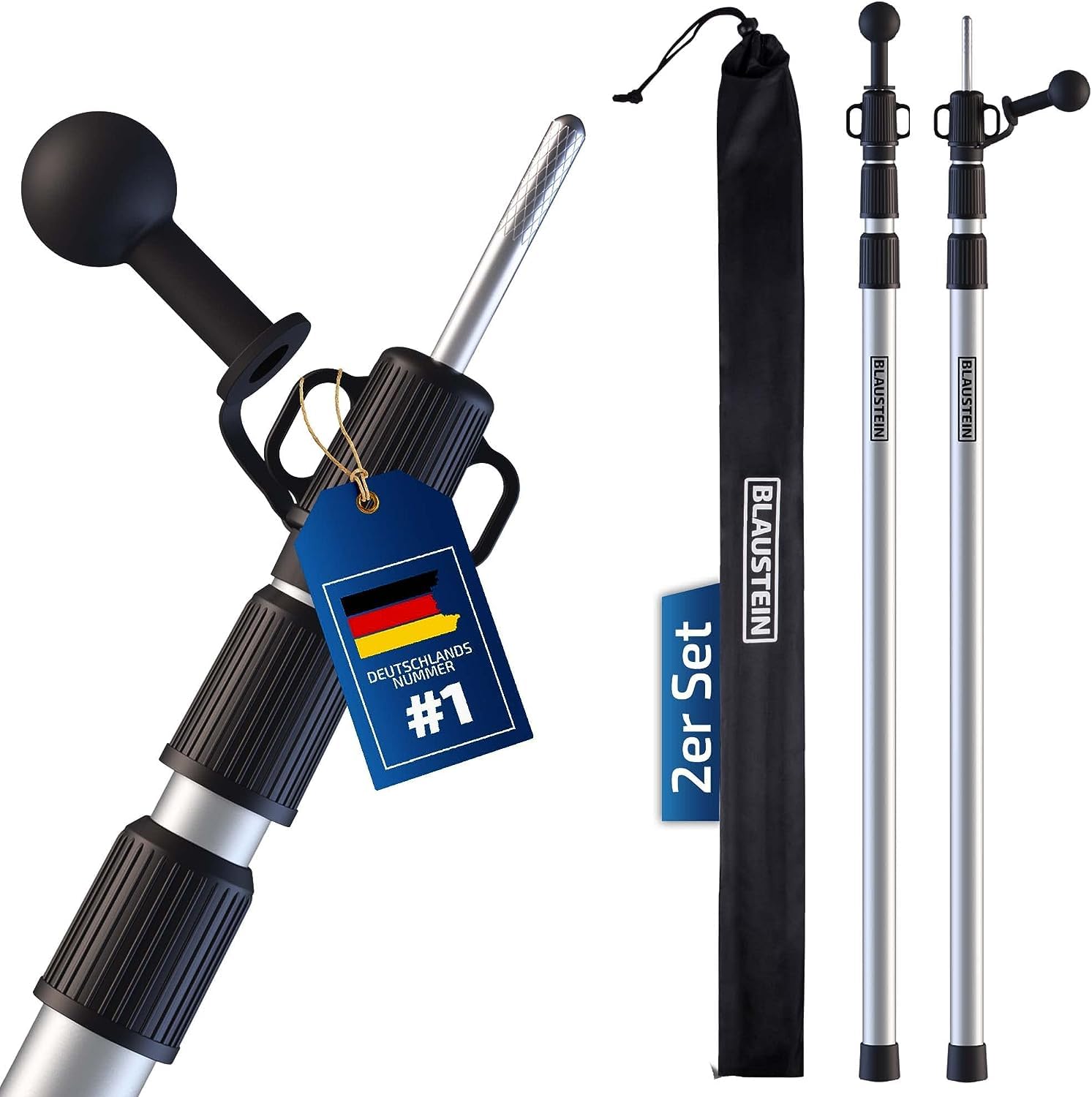 Blaustein Zeltstangen 2er Set - Teleskopstange für Sonnensegel, Tarp & Zelt - Sonnensegel Stange - Tarp Stangen für Camping - Sturmsicher & Wetterfest - Ultraleichte Zeltstange mit Länge: 94-235cm