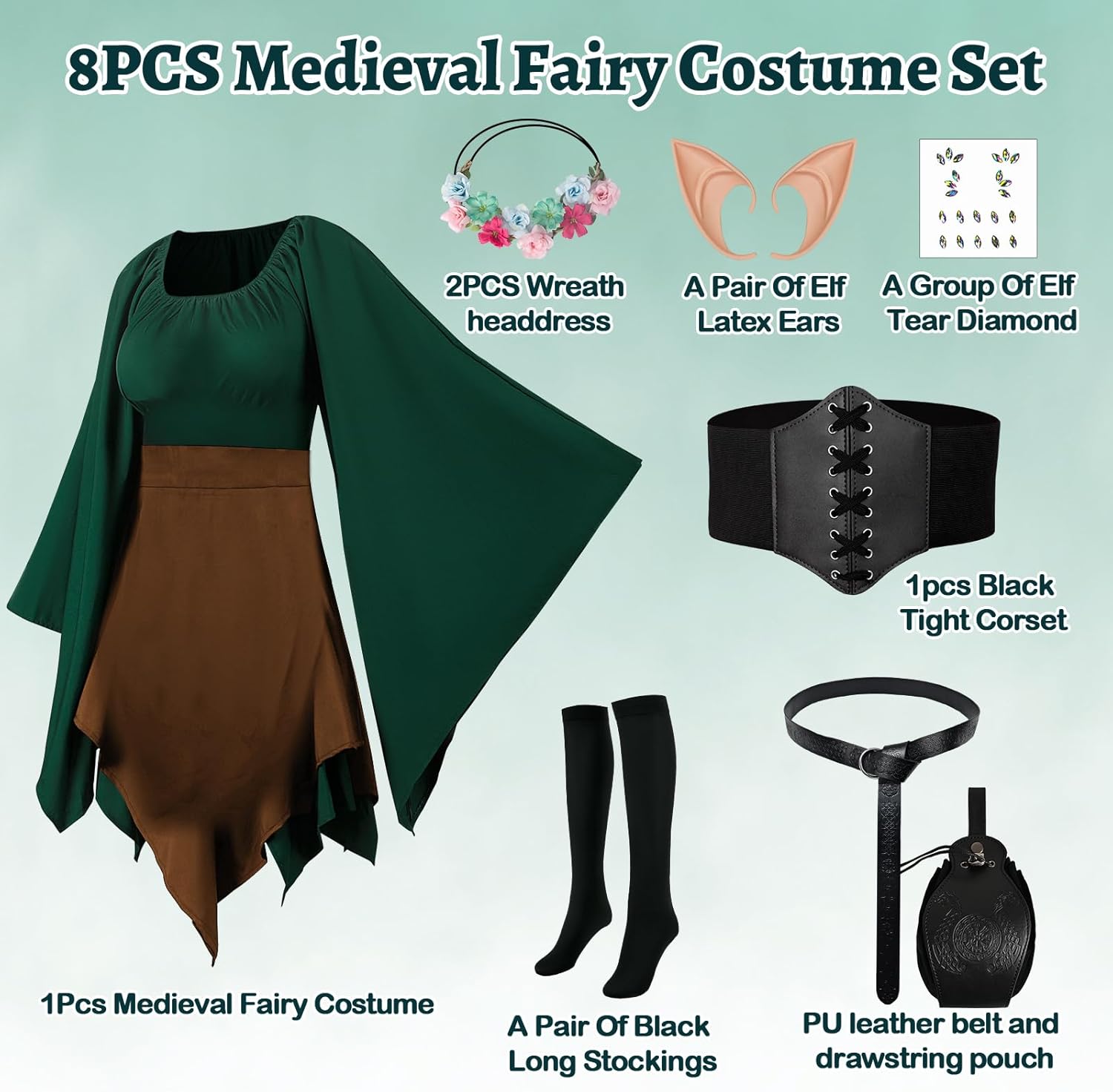 HODBLKT 8PCS Women Elf Costume Renaissance Traditional Irish Dress Fairy Costume Halloween Medieval Dress