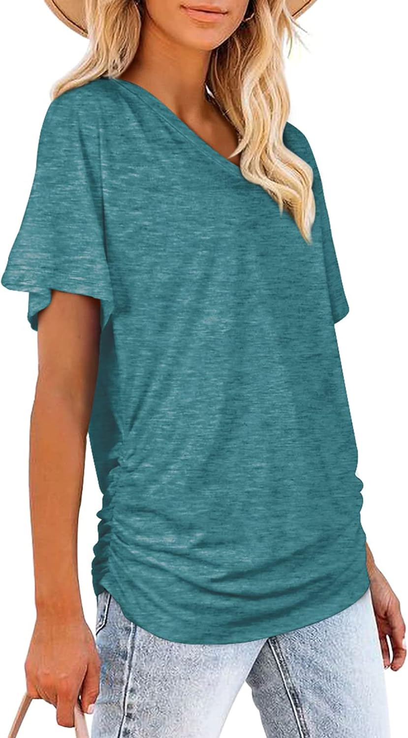 Women's V Neck T Shirts Short Sleeve Summer Casual Loose Dolman Tops with Side Shirring - Image 2