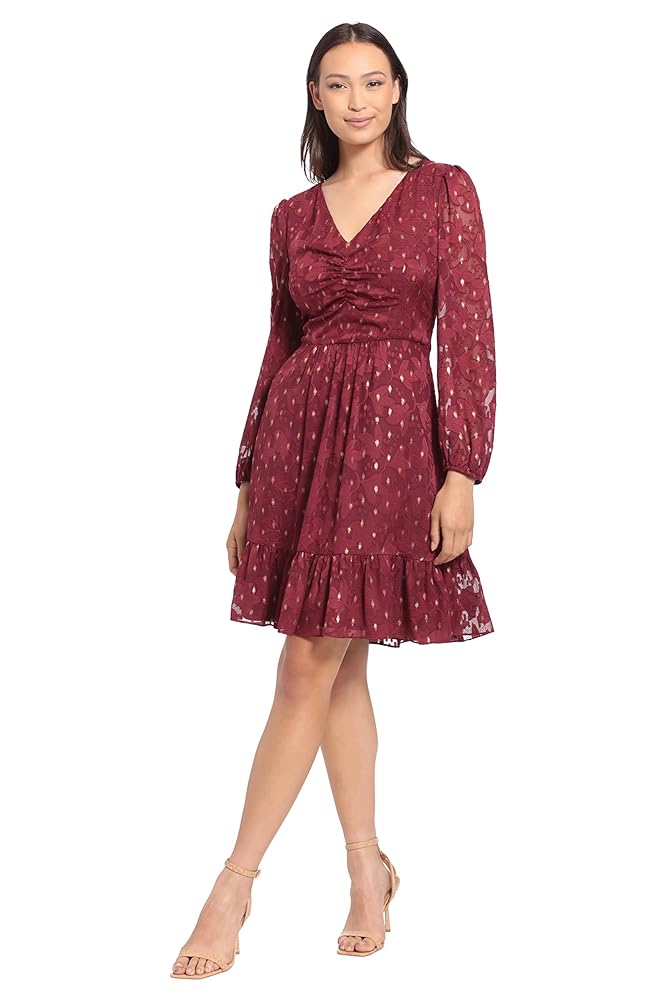 London Times Women's V-Neck Ruched Waist Tiered Skirt Dress