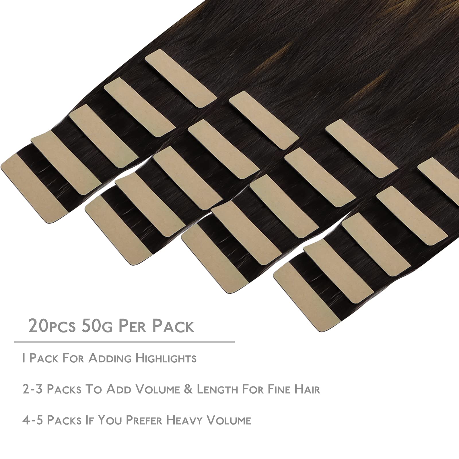 WENNALIFE Extension Adhesive Cheveux Naturel, 20pcs 35cm 50g Balayage Marron Foncé Mixte Marron Châtaigne Extension Cheveux Naturel Adhésif Colored Remy Tape in Hair Extensions - 2