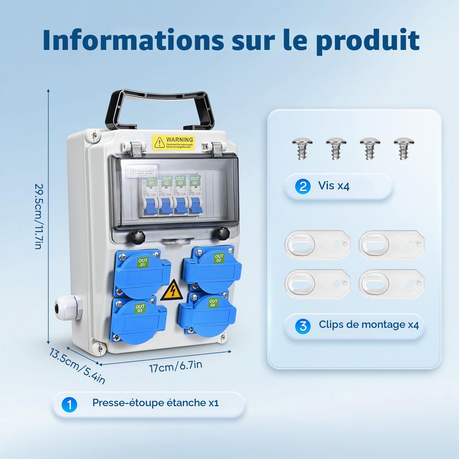 Coffret Électrique de Chantier 4×230 V, IP54 16A Coffret Chantier Répartiteur Mural avec Disjoncteur, Distributeur de Puissance pour Ateliers, Chantiers et Usines