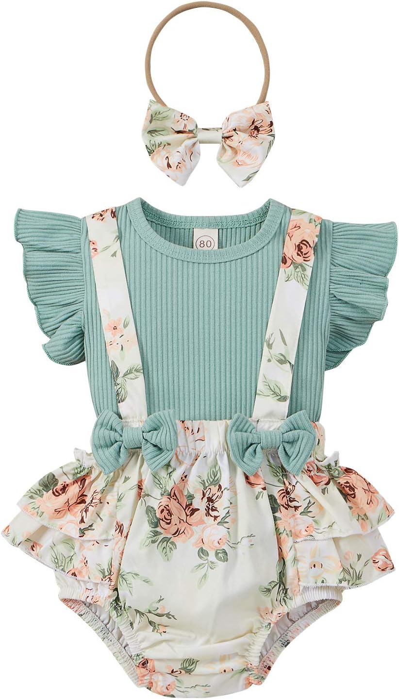 One openingNewborn Baby Girl Clothes Summer Outfits Ribbed T Shirts Tees Floral Shorts Outfits Suspender Newborn Girl Clothes