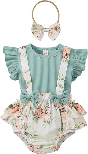 Newborn Infant Baby Girl Clothes Ruffle Sleeve Ribbed T-Shirt Floral Suspender Shorts Headband 3Pcs Summer Outfits