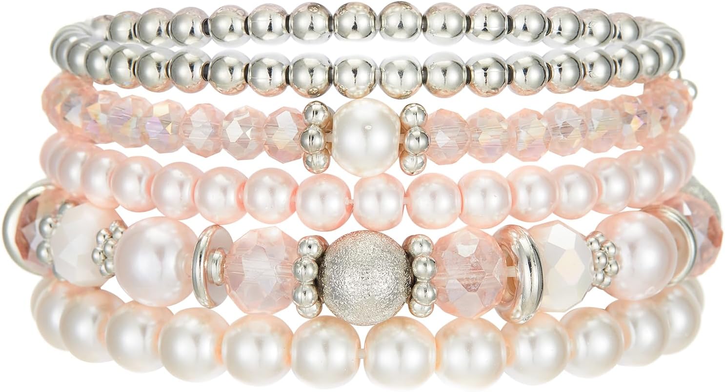 Noessla Beaded Pearl Stretch Bracelet Silver Stackable Crystal Beads Bracelets Trendy Costume Jewelry Mothers Day Gifts for Women