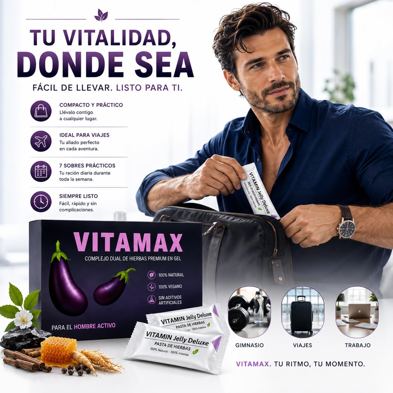 Vitamax Extra Fuerte – Gelée Royale FORTE – Potenciador Natural de Testosterona para Deseo, Placer y Resistencia – Alta Concentración – 7 Sobres Testo-Extreme para Hombres