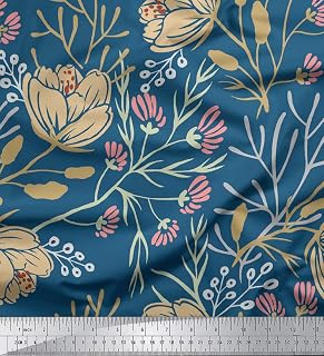 Soimoi Floral Printed 58 Inches Wide Viscose Rayon Sewing Fabric 115 GSM Supply by The Yard - Teal Blue