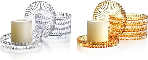 H&D HYALINE & DORA - Juego de 6 velas de cristal transparente y portavelas de cristal amarillo, soporte de vela de vidrio para velas de pilar,