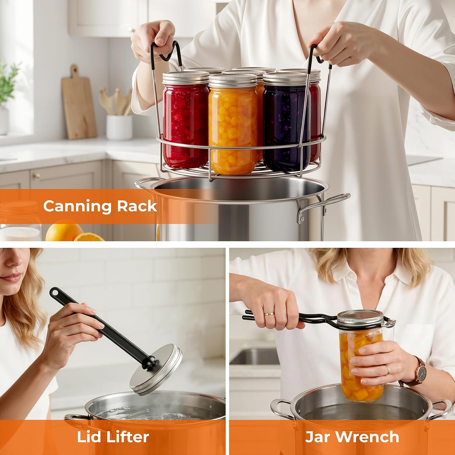 Pisol Canning Supplies Starter Kit, 7 Piece Canning Tools Set with Stainless Steel Rack, Wide Mouth Funnel, Kitchen Tongs, Jar Lifter, Magnetic Lid Lifter, jar Wrench, Bubble Popper