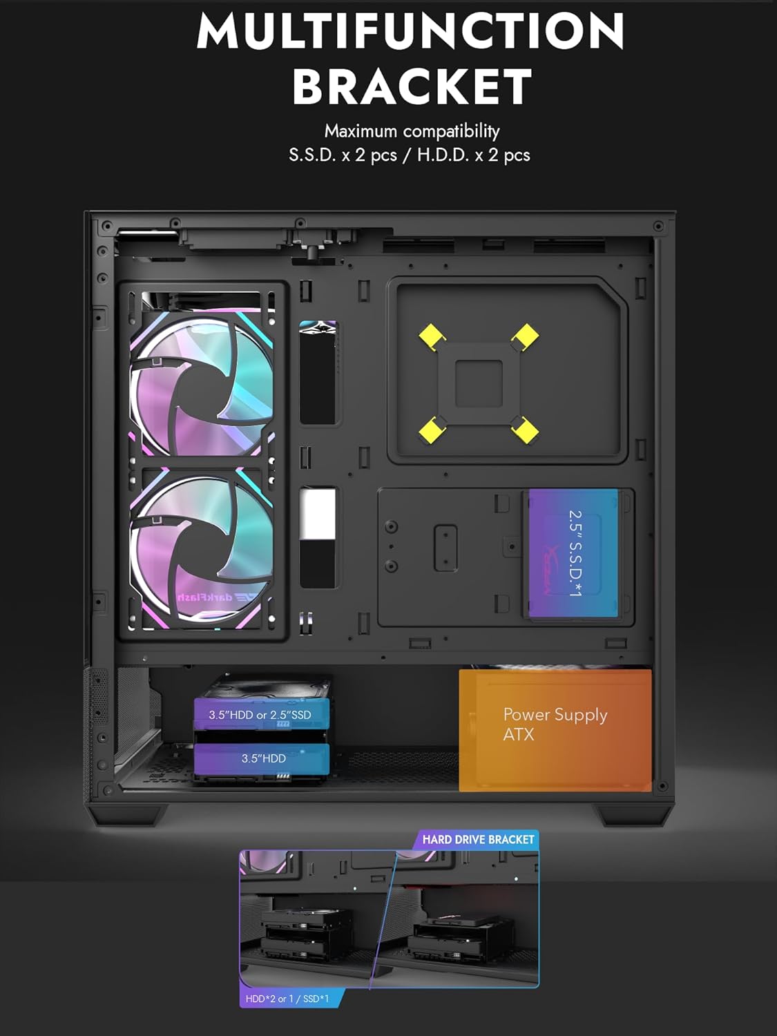 Interno view of darkFlash DS900 Air case showing drive bays and PSU chamber